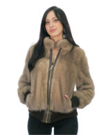 Beige 44 taupe mink fur bomber jacket with elastic sleeves and bottom zip closure with piped collar