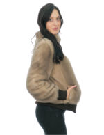 Beige 44 taupe mink fur bomber jacket with elastic sleeves and bottom zip closure with piped collar - Image 2