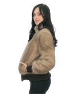 Beige 44 taupe mink fur bomber jacket with elastic sleeves and bottom zip closure with piped collar - Image 3