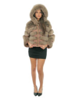 Giacca bomber in pelliccia di volpe 42 nocciola con cappuccio foderato pelliccia nero e zip manica lunga