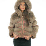 Bomber jacket in 42 hazelnut fox fur with black fur lined hood and long sleeve zip