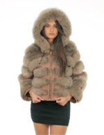 Giacca bomber in pelliccia di volpe 42 nocciola con cappuccio foderato pelliccia nero e zip manica lunga