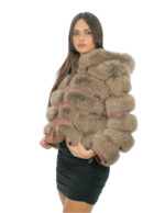 Giacca bomber in pelliccia di volpe 42 nocciola con cappuccio foderato pelliccia nero e zip manica lunga