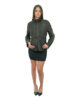 Leather and sheepskin jacket 42 brown grey long sleeves zip closure with piping collar with buckle - Image 4