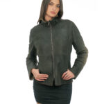 Leather and sheepskin jacket 42 brown grey long sleeves zip closure with piping collar with buckle