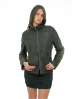 Leather and sheepskin jacket 42 brown grey long sleeves zip closure with piping collar with buckle