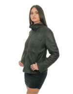 Leather and sheepskin jacket 42 brown grey long sleeves zip closure with piping collar with buckle - Image 3