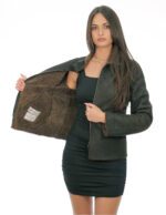 Leather and sheepskin jacket 42 brown grey long sleeves zip closure with piping collar with buckle - Image 6