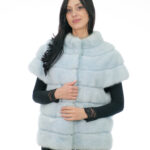 Horizontal mink vest fur 44 light blue hooks closure black lining pistagna collar