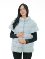 Horizontal mink vest fur 44 light blue hooks closure black lining pistagna collar
