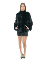 Giacca in pelliccia di visone nero 48 con fodera nero collo pistagna e coulisse sul fondo e manica lunga