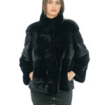 Black mink fur jacket 48 with black lining with piping collar and drawstring at the bottom and long sleeves