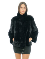 Giacca in pelliccia di visone nero 48 con fodera nero collo pistagna e coulisse sul fondo e manica lunga