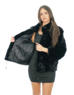 Giacca in pelliccia di visone nero 48 con fodera nero collo pistagna e coulisse sul fondo e manica lunga