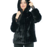 48 black mink fur jacket with black lining mink skins lined hood and drawstring on the bottom and long sleeves