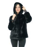 48 schwarze Nerzpelzjacke mit schwarzem Futter mit Nerzfellen gefütterter Kapuze und Kordelzug an der Unterseite