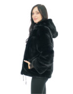 48 schwarze Nerzpelzjacke mit schwarzem Futter mit Nerzfellen gefütterter Kapuze und Kordelzug an der Unterseite – Bild 2