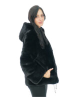 48 schwarze Nerzpelzjacke mit schwarzem Futter mit Nerzfellen gefütterter Kapuze und Kordelzug an der Unterseite – Bild 3