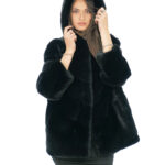 Black V-knitted mink fur jacket 54 with black lining, mink skins lined hood and drawstring waist