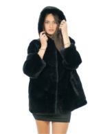Black V-knitted mink fur jacket 54 with black lining, mink skins lined hood and drawstring waist
