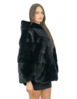 Black V-knitted mink fur jacket 54 with black lining, mink skins lined hood and drawstring waist - Image 2