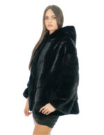 Black V-knitted mink fur jacket 54 with black lining, mink skins lined hood and drawstring waist - Image 3