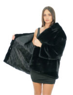 Black V-knitted mink fur jacket 54 with black lining, mink skins lined hood and drawstring waist - Image 6