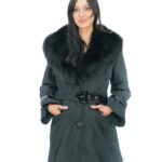 Coat in black 44 technical fabric fox collar button closure external belt buckles at the wrists