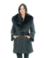 Coat in black 44 technical fabric fox collar button closure external belt buckles at the wrists