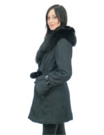 Coat in black 44 technical fabric fox collar button closure external belt buckles at the wrists - Image 2