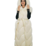 Optical white fox hood 44 vest with leather outer belt and fox leather lined hood