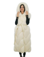 Optical white fox hood 44 vest with leather outer belt and fox leather lined hood