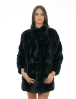 Cappotto 80 centimetri pelliccia visone nero 50 collo pistagna con manica tre quarti chiusura ganci e tasche esterne