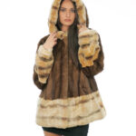 52 demi vertical mink fur coat with cuff bottom and hood trim in rex fur