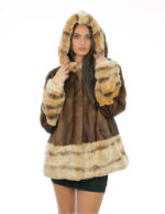 52 demi vertical mink fur coat with cuff bottom and hood trim in rex fur