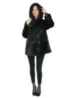 Vertical mink fur coat 50 black with cuff bottom and hood trim in rex fur - Image 4