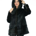 Vertical mink fur coat 50 black with cuff bottom and hood trim in rex fur