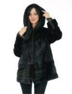 Vertical mink fur coat 50 black with cuff bottom and hood trim in rex fur