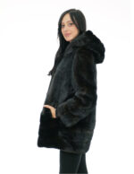 Vertical mink fur coat 50 black with cuff bottom and hood trim in rex fur - Image 2