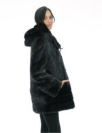 Vertical mink fur coat 50 black with cuff bottom and hood trim in rex fur - Image 3