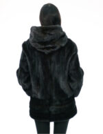 Vertical mink fur coat 50 black with cuff bottom and hood trim in rex fur - Image 5