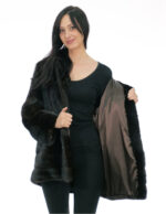Vertical mink fur coat 50 black with cuff bottom and hood trim in rex fur - Image 6