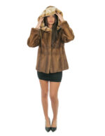 Giacca in pelliccia di visone 46 demi alta 64 cm con cappuccio con bordo pelliccia rex manica lunga