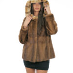 Mink fur jacket 46 demi 64 cm high with hood with long sleeve rex fur trim