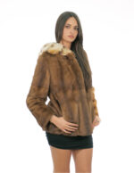 Giacca in pelliccia di visone 46 demi alta 64 cm con cappuccio con bordo pelliccia rex manica lunga