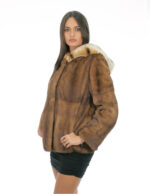 Giacca in pelliccia di visone 46 demi alta 64 cm con cappuccio con bordo pelliccia rex manica lunga
