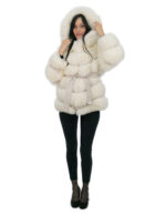 Fox Fur Jacket Horizontal V Knit White 46 Hood Lined Fur Fox Long Sleeve Belt Leather - Image 4