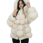 Giacca volpe pelliccia lavorazione orizzontale a V bianco 46 cappuccio foderato pelliccia volpe manica lunga cintura pelle