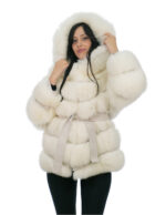 Fox Fur Jacket Horizontal V Knit White 46 Hood Lined Fur Fox Long Sleeve Belt Leather
