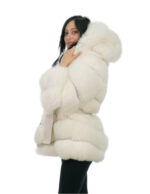 Fox Fur Jacket Horizontal V Knit White 46 Hood Lined Fur Fox Long Sleeve Belt Leather - Image 2